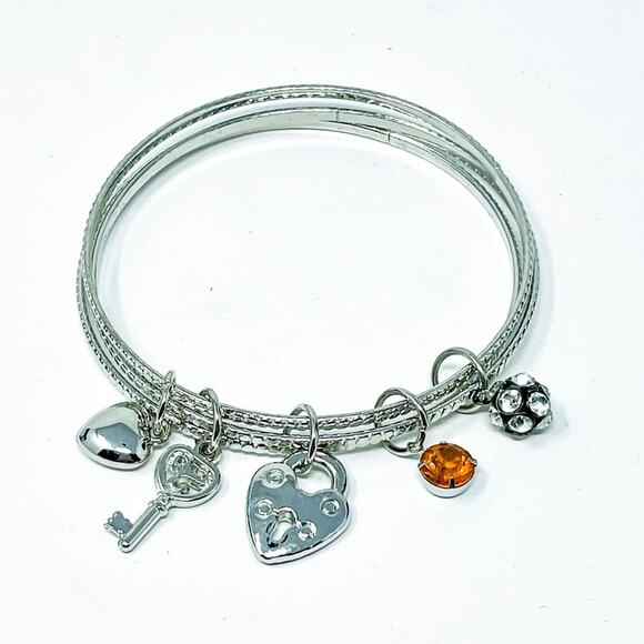 Silver Charm Bangle Bracelet Y2K Heart Lock Gems 3" NWT Gift Box Vintage - Picture 1 of 9